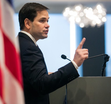 U.S. Sen. Marco Rubio (R-Fla.), a presidential candidate, delivers a speech at the Town Hall Los Angeles event at the City Club in Los Angeles on Tuesday, April 28, 2015. (Marcus Yam/Los Angeles Times/TNS)