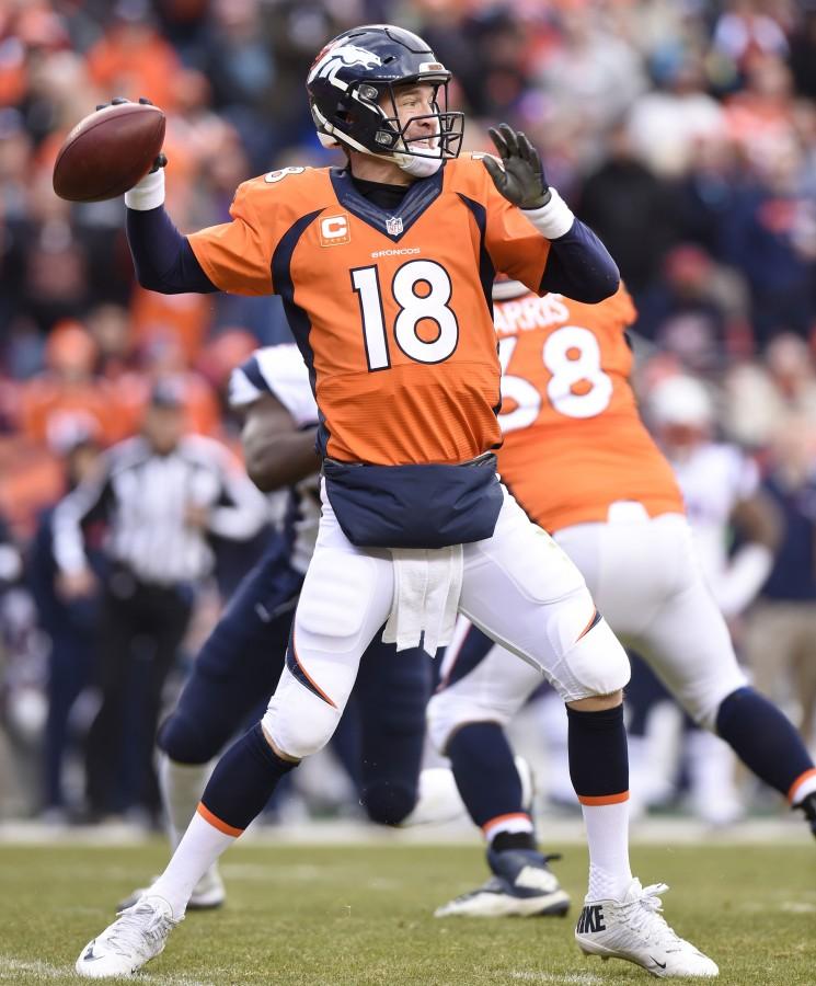 Broncos quarterback Peyton Manning throws during the fourth quarter of the AFC Championship game on Sunday, Jan. 24, 2016, at Sports Authority Field at Mile High in Denver. (Mark Reis/Colorado Springs Gazette/TNS)