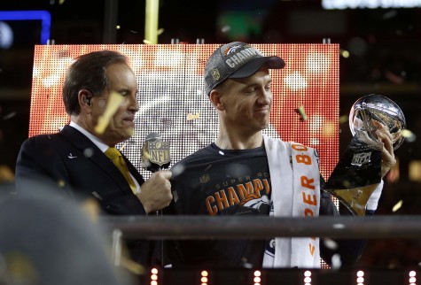 Denver Broncos starting quarterback Peyton Manning, right, holds the Lombardi Trophy after the Broncos&apos; 24-10 win against the Carolina Panthers in Super Bowl 50 at Levi&apos;s Stadium in Santa Clara, Calif., on Sunday, Feb. 7, 2016. The Broncos won, 24-10. (Nhat V. Meyer/Bay Area News Group/TNS)