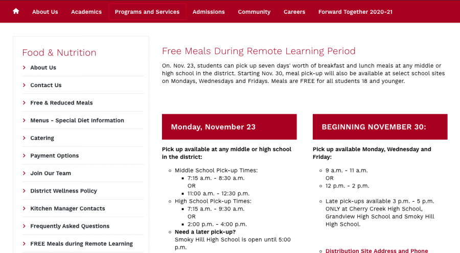 Students can find more information on pick up locations by heading to the free and reduced tab on the Cherry Creek School District website and clicking the free meals during remote learning tab. 